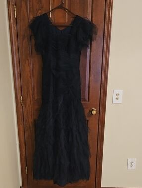 Pronovias Navy Ruffled Tulle Maxi Dress